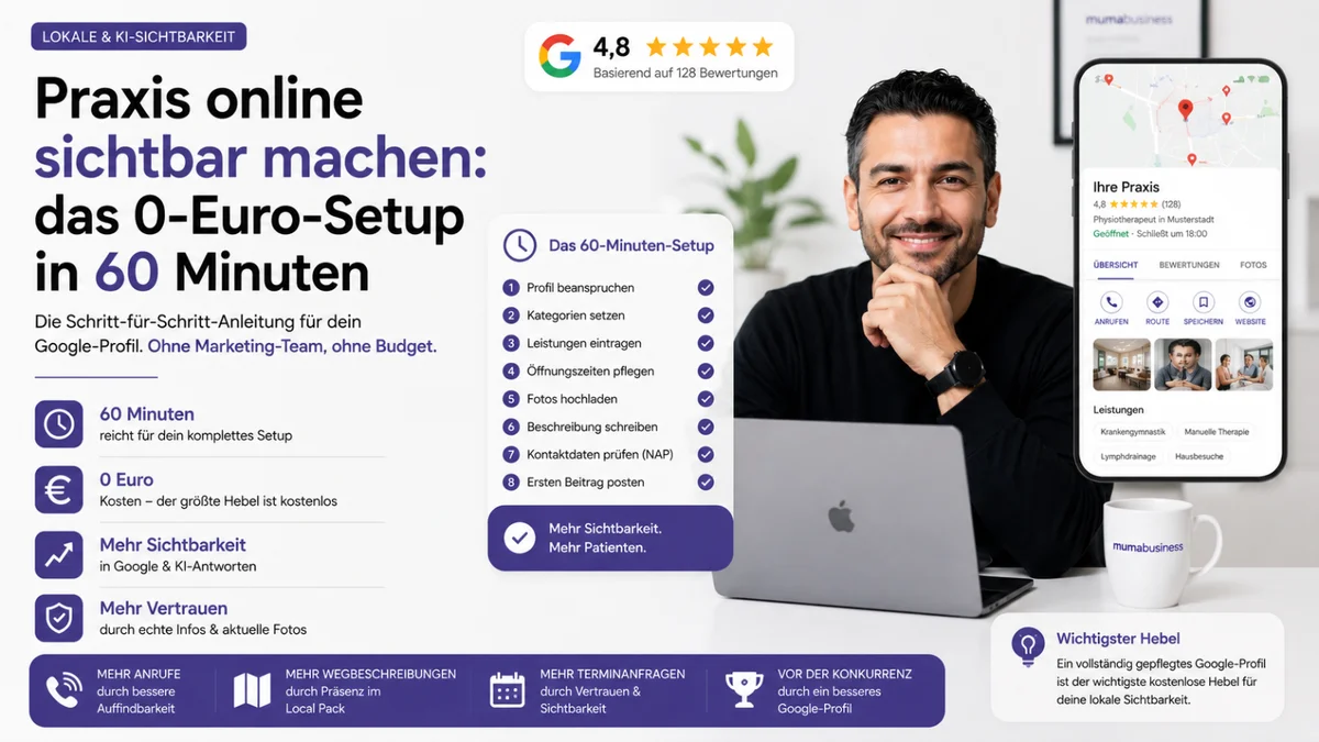 Praxis online sichtbar machen: das 0-Euro-Setup in 60 Minuten